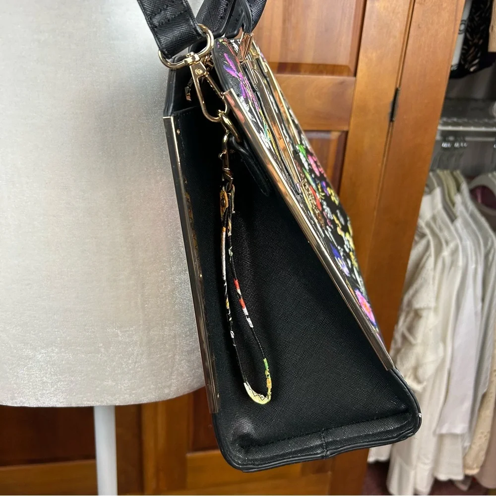 DASEIN Large Vegan Leather Floral Black Flower Satchel Handbag Shoulder Tote